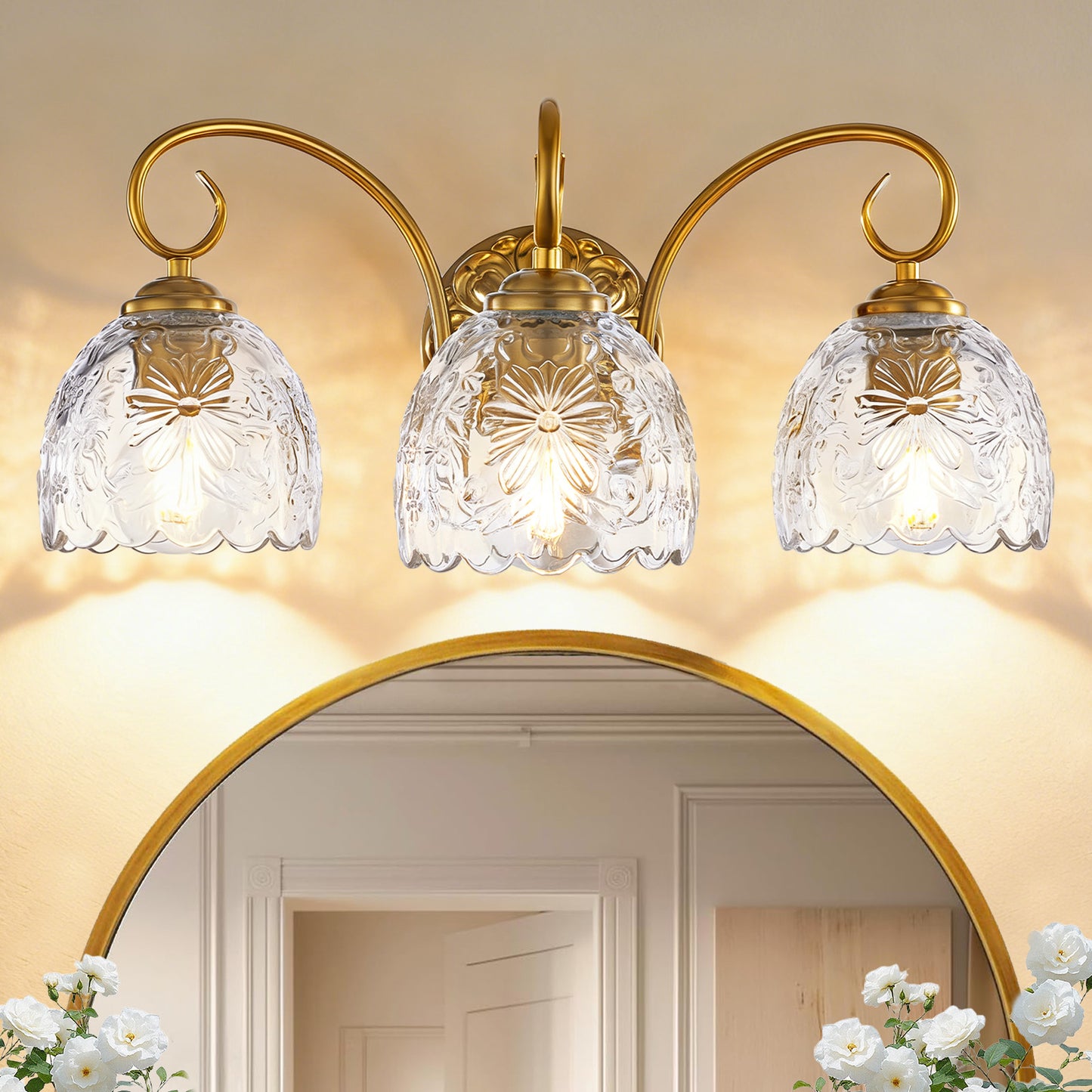 Aurelux Gold 3-Light Glass Floral Vanity Light  Fixture