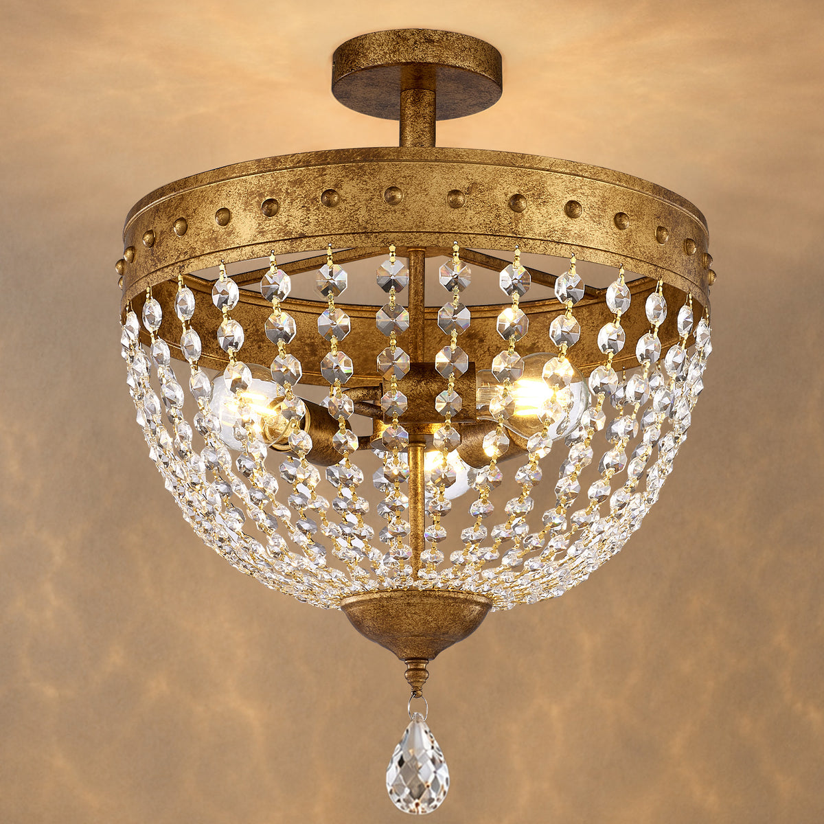 Gildex 15.8Inch Vintage Crystal Semi Flush Chandelier, 3-Light, Antique Gold