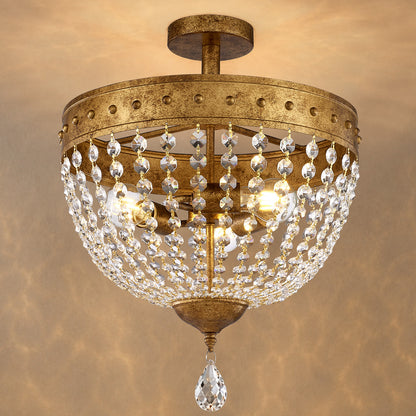 Gildex 15.8Inch Vintage Crystal Semi Flush Chandelier, 3-Light, Antique Gold