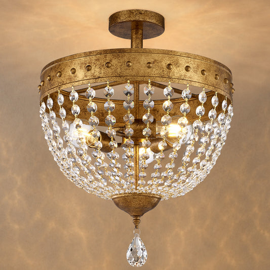 Gildex 15.8Inch Vintage Crystal Semi Flush Chandelier, 3-Light, Antique Gold