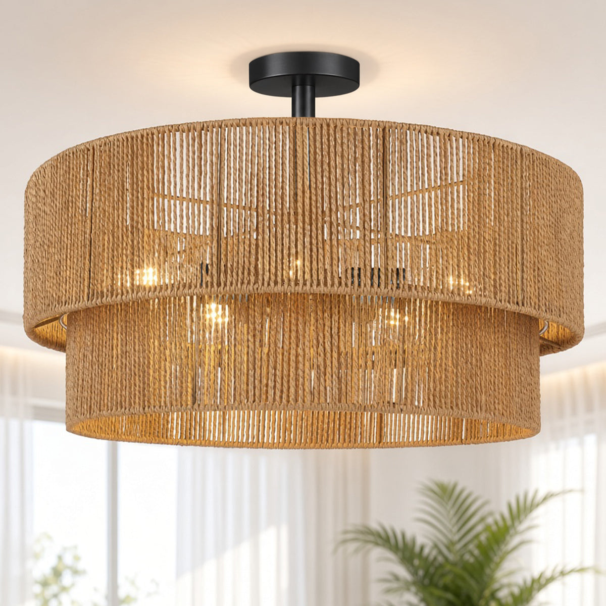 Aeris 24-Inch Black Double-Layer Woven Rope Ceiling Light
