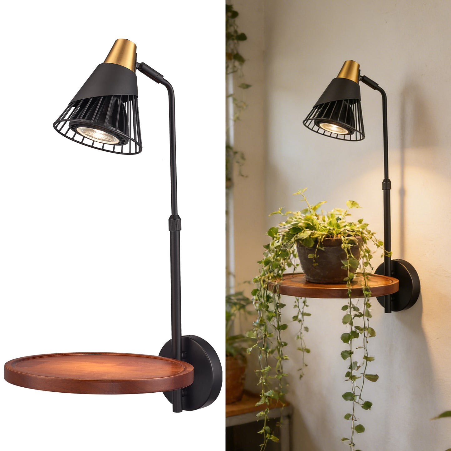 Aurelia  Plug in Black Wall Light with Shelf
