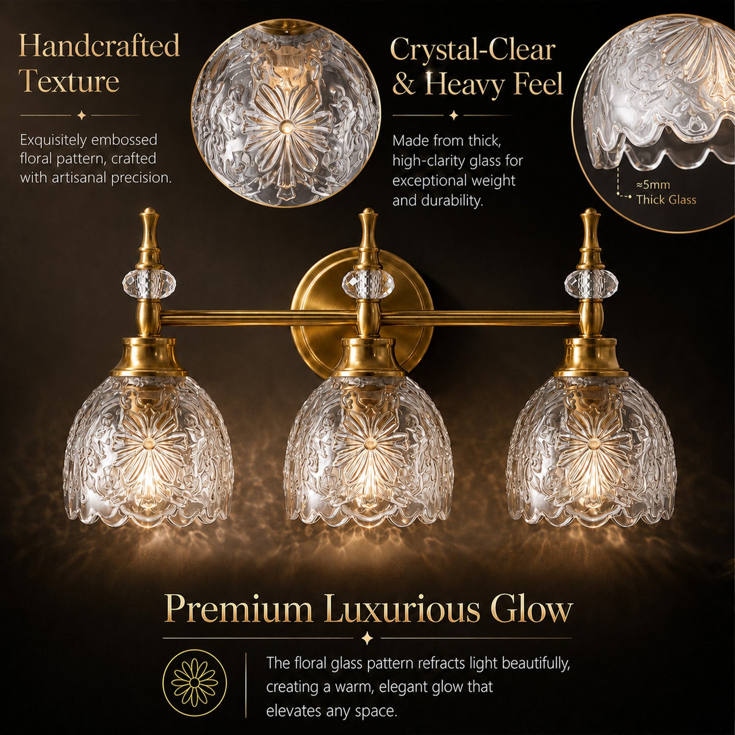 Aurelia 3-Light Floral Glass Vanity Light Brushed Gold Bathroom Vanity Light with Floral Glass Shades