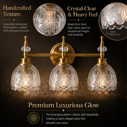 Aurelia 3-Light Floral Glass Vanity Light Brushed Gold Bathroom Vanity Light with Floral Glass Shades