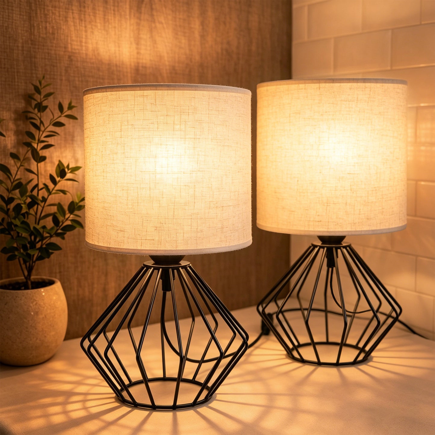 Cozyloom Industrial Table Lamp Set of 2 – Black Bedside Lamps with Linen Shade
