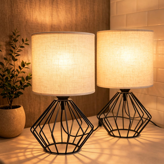 Cozyloom Industrial Table Lamp Set of 2 – Black Bedside Lamps with Linen Shade