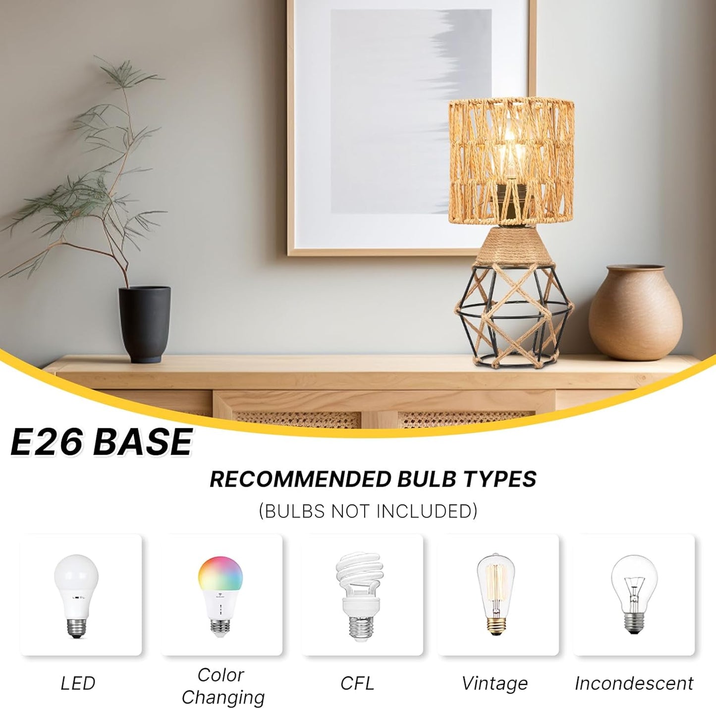 Cozyloom Boho Table Lamp Set of 2 – Woven Rattan Shade with Black Metal Base