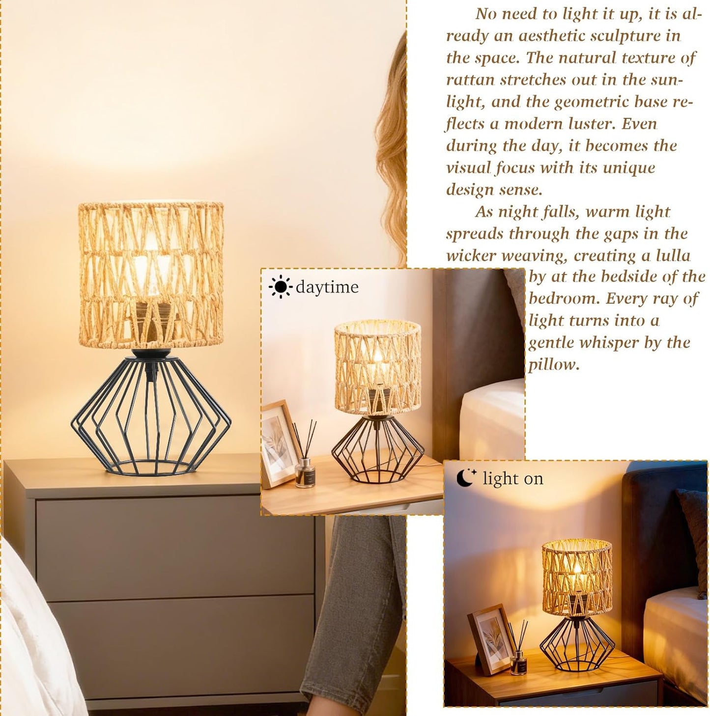 Cozyloom Boho Table Lamp Set of 2 – Black Metal Base with Woven Shade