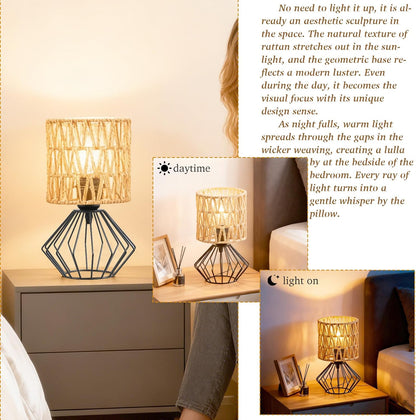 Cozyloom Boho Table Lamp Set of 2 – Black Metal Base with Woven Shade