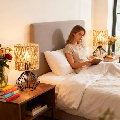 Cozyloom Boho Table Lamp Set of 2 – Black Metal Base with Woven Shade