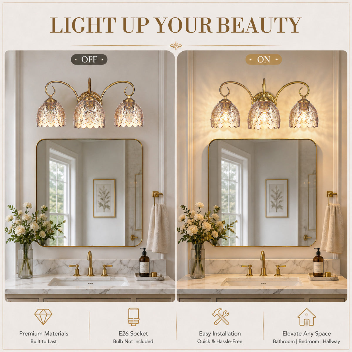 Aurelia Gold Vintage Bathroom Vanity Light, Amber Embossed Glass, 3-Light