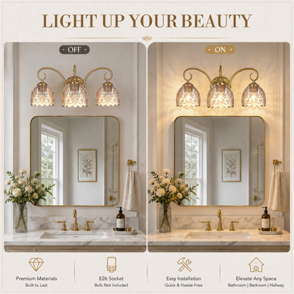 Aurelia Gold Vintage Bathroom Vanity Light, Amber Embossed Glass, 3-Light