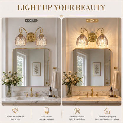 Aurelia Gold Vintage Bathroom Vanity Light, Amber Embossed Glass, 2-Light