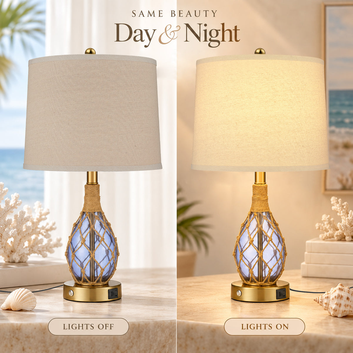 Cozyloom 23-Inch Blue Coastal Glass Table Lamps Set of 2