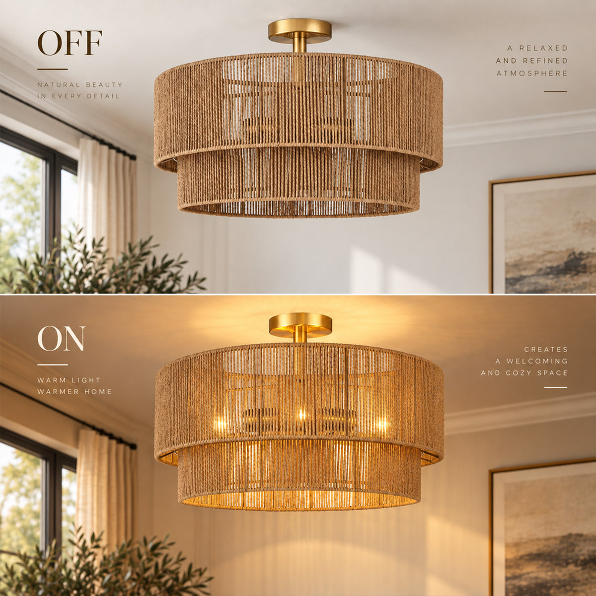 Aeris 24-Inch Gold Double-Layer Woven Rope Ceiling Light