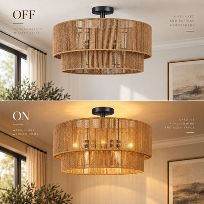 Aeris 24-Inch Black Double-Layer Woven Rope Ceiling Light
