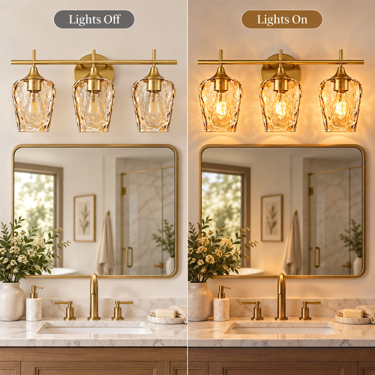 Aurelia 3-Light Gold Amber Hammered Glass Bathroom Vanity Light