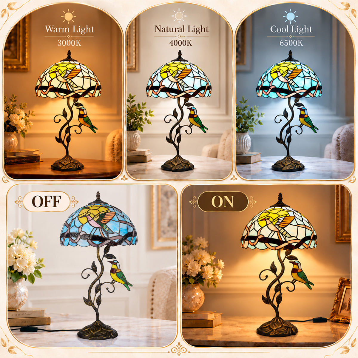 Cozyloom 21-Inch Tiffany Stained Glass Bird Table Lamp