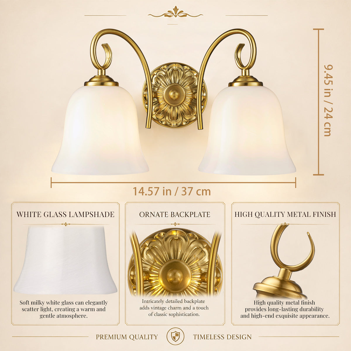 Aurelia Gold Vintage Bathroom Vanity Light, Milky White Glass, 2-Light