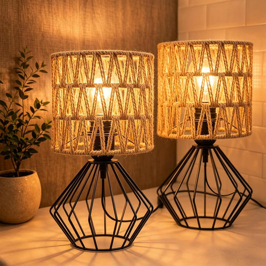 Cozyloom Boho Table Lamp Set of 2 – Black Metal Base with Woven Shade