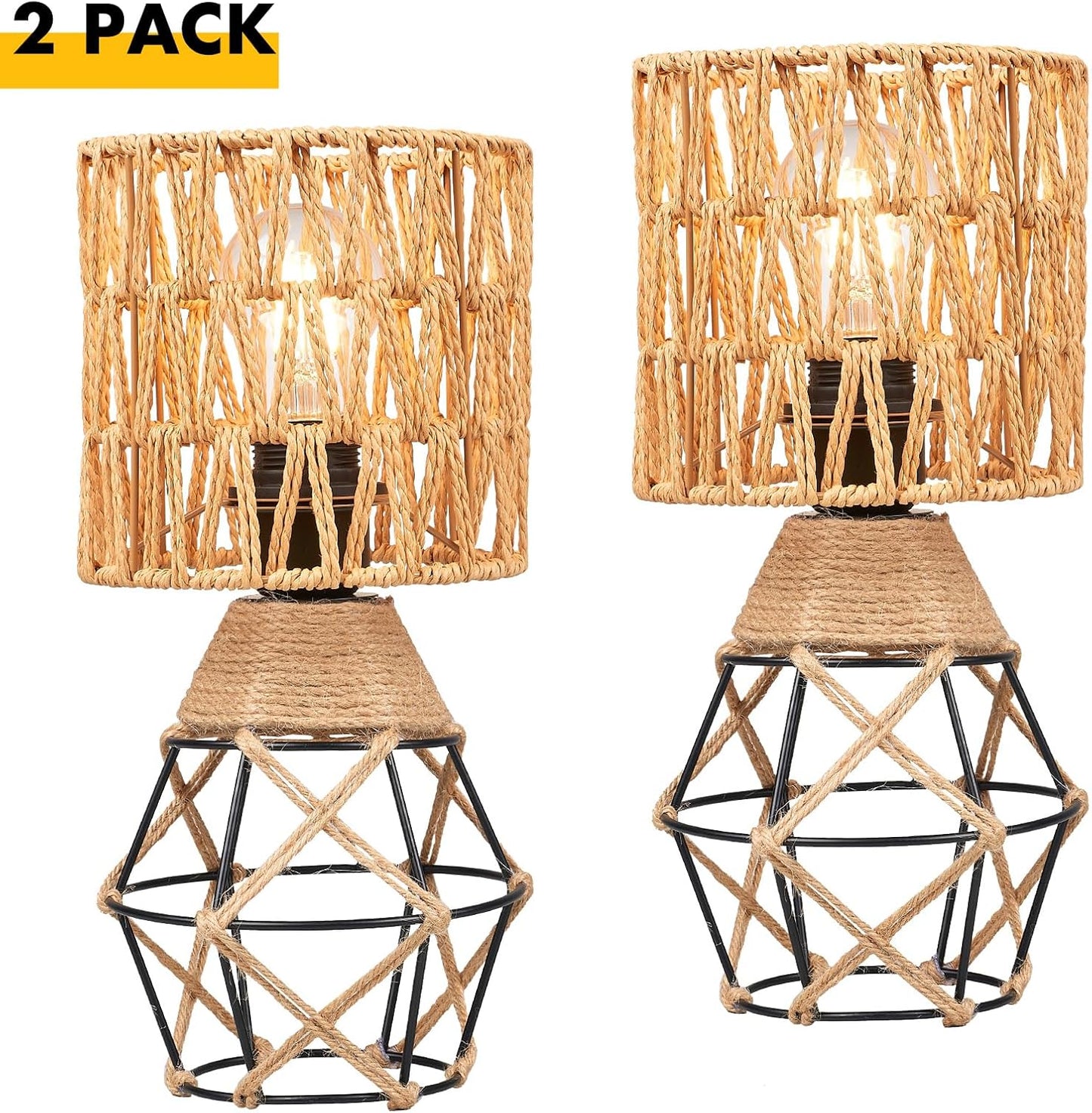 Cozyloom Boho Table Lamp Set of 2 – Woven Rattan Shade with Black Metal Base