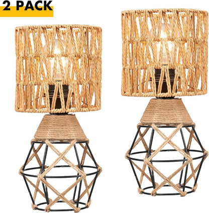 Cozyloom Boho Table Lamp Set of 2 – Woven Rattan Shade with Black Metal Base