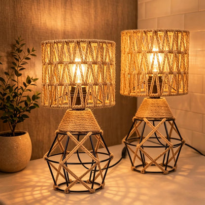 Cozyloom Boho Table Lamp Set of 2 – Woven Rattan Shade with Black Metal Base