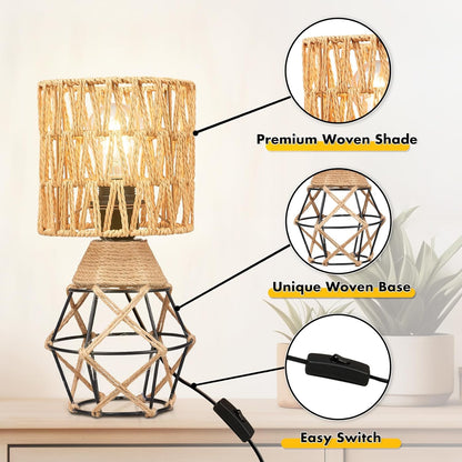 Cozyloom Boho Table Lamp Set of 2 – Woven Rattan Shade with Black Metal Base
