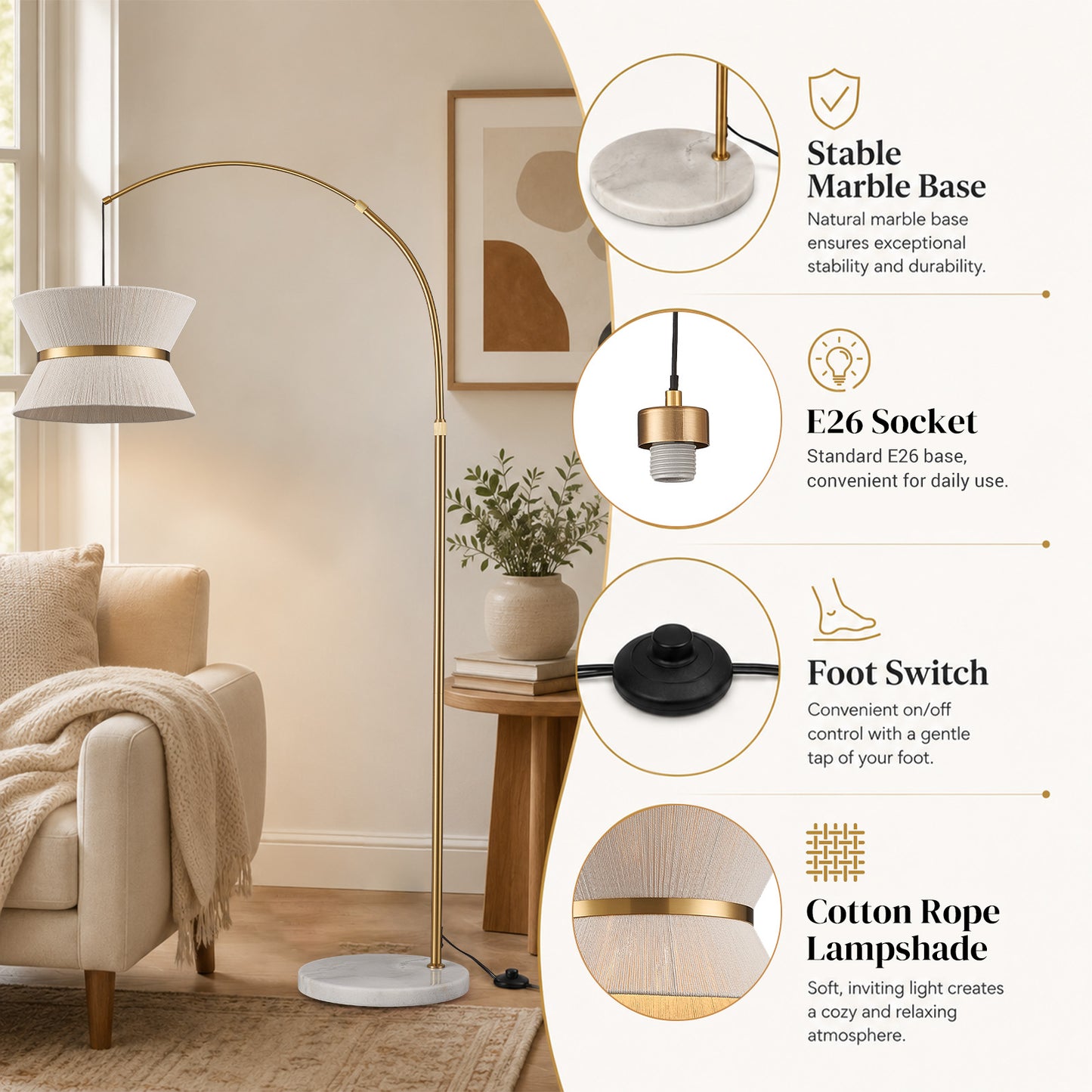 Lumora 65.5 Inch Gold Arc Floor Lamp with Hand-Woven Cotton Shade and White Marble Base