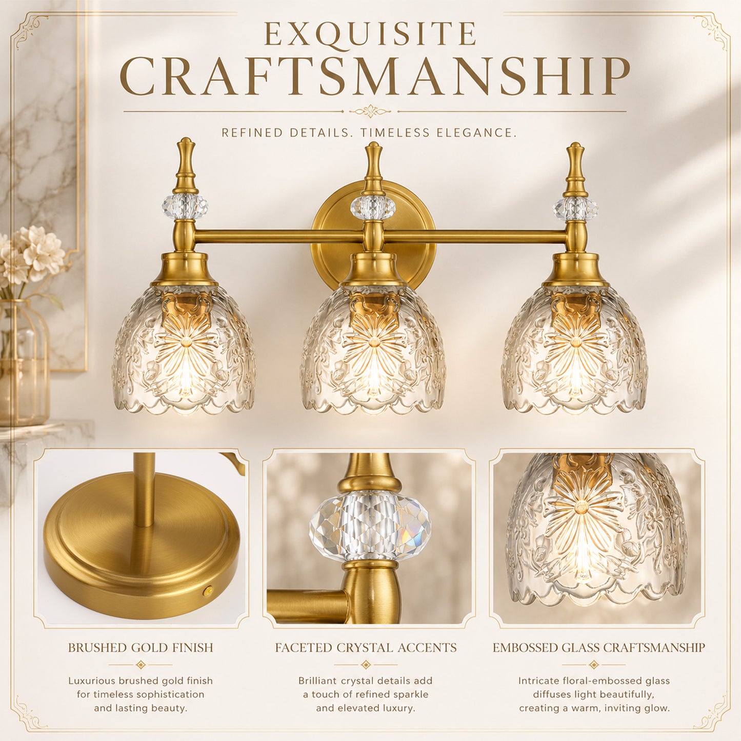 Aurelia 3-Light Floral Glass Vanity Light Brushed Gold Bathroom Vanity Light with Floral Glass Shades