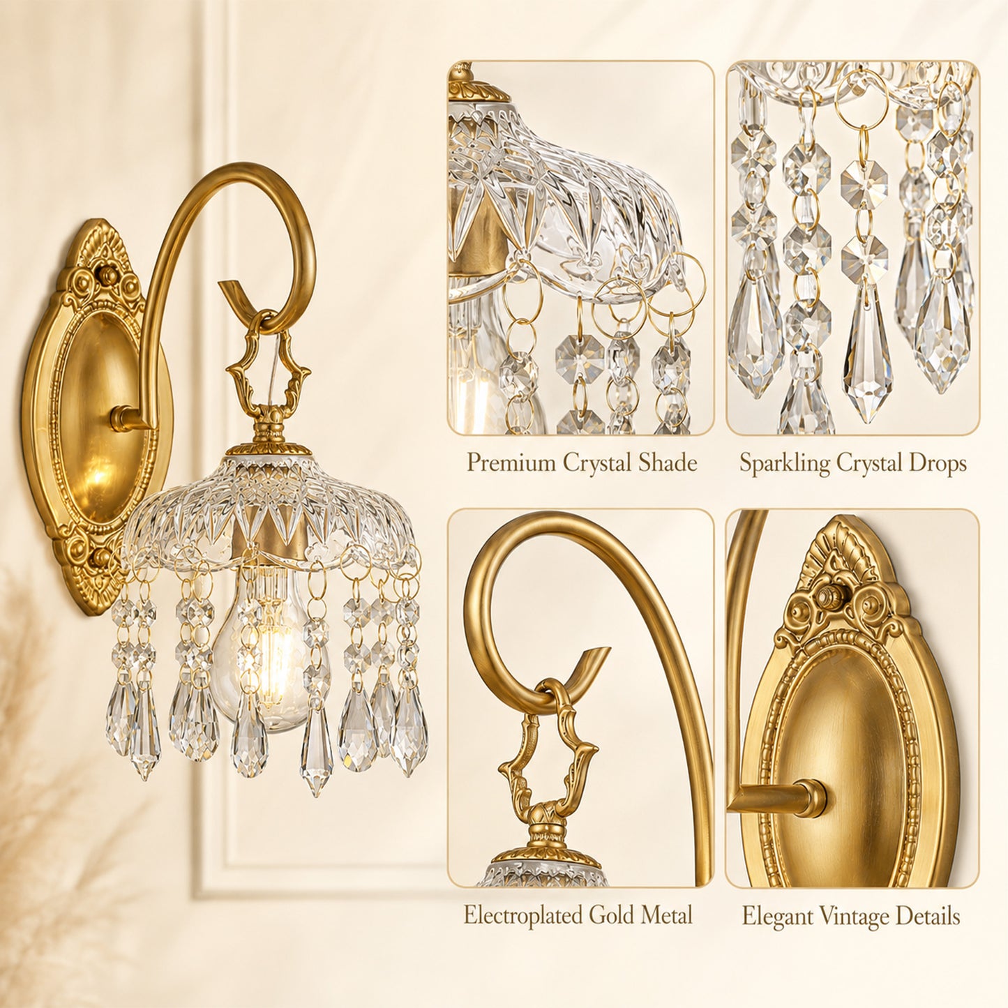 Aurelia Vintage Gold Crystal Wall Sconces Set of 2
