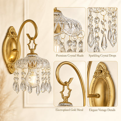 Aurelia Vintage Gold Crystal Wall Sconces Set of 2