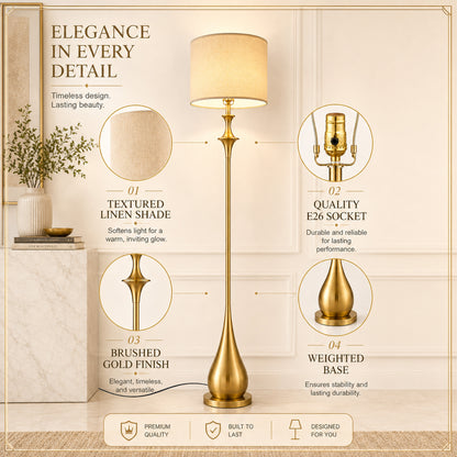 Lumora 65 in Brushed Gold Mid Century Floor Lamp with Linen Shade