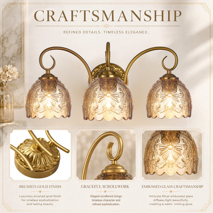 Aurelia Gold Vintage Bathroom Vanity Light, Amber Embossed Glass, 3-Light