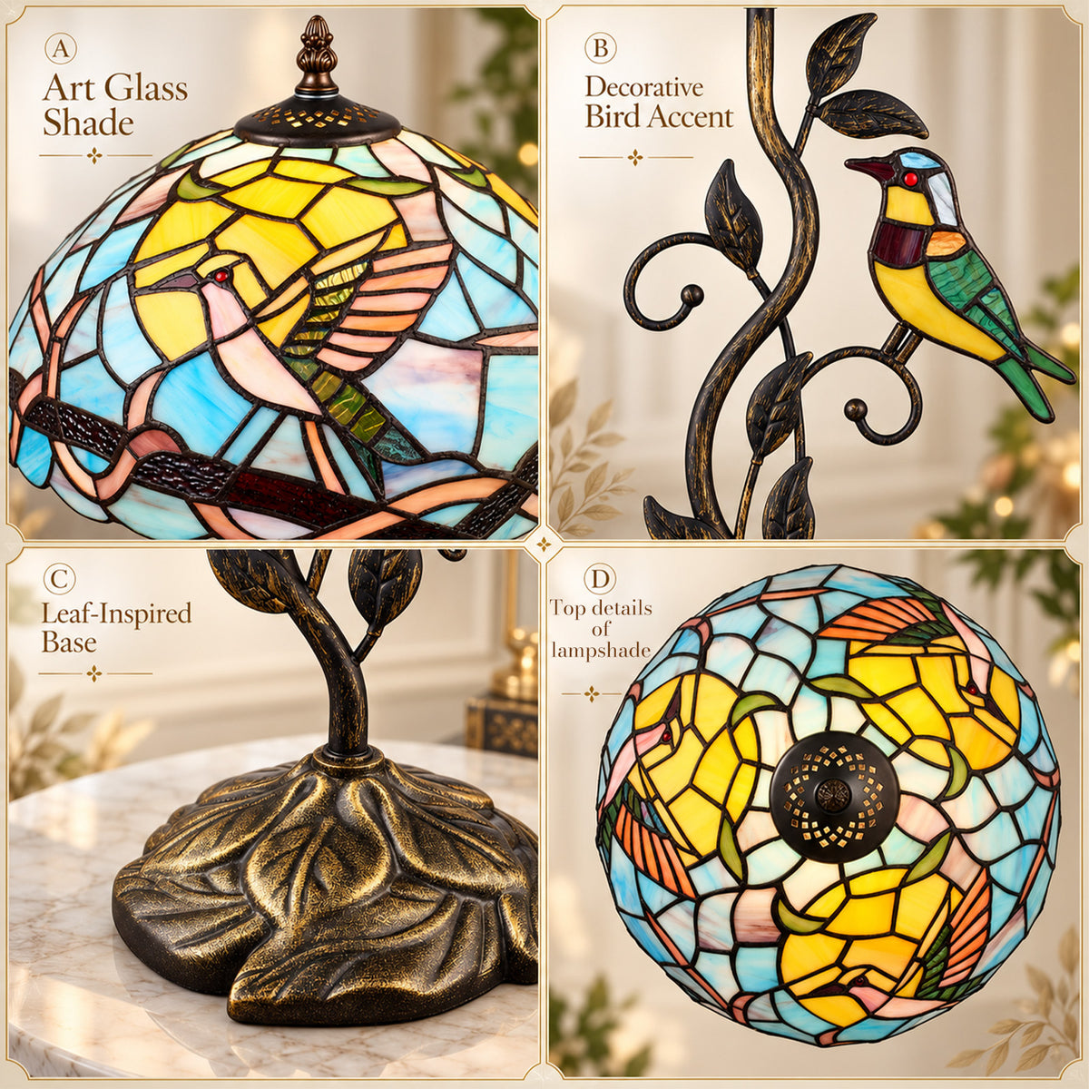 Cozyloom 21-Inch Tiffany Stained Glass Bird Table Lamp