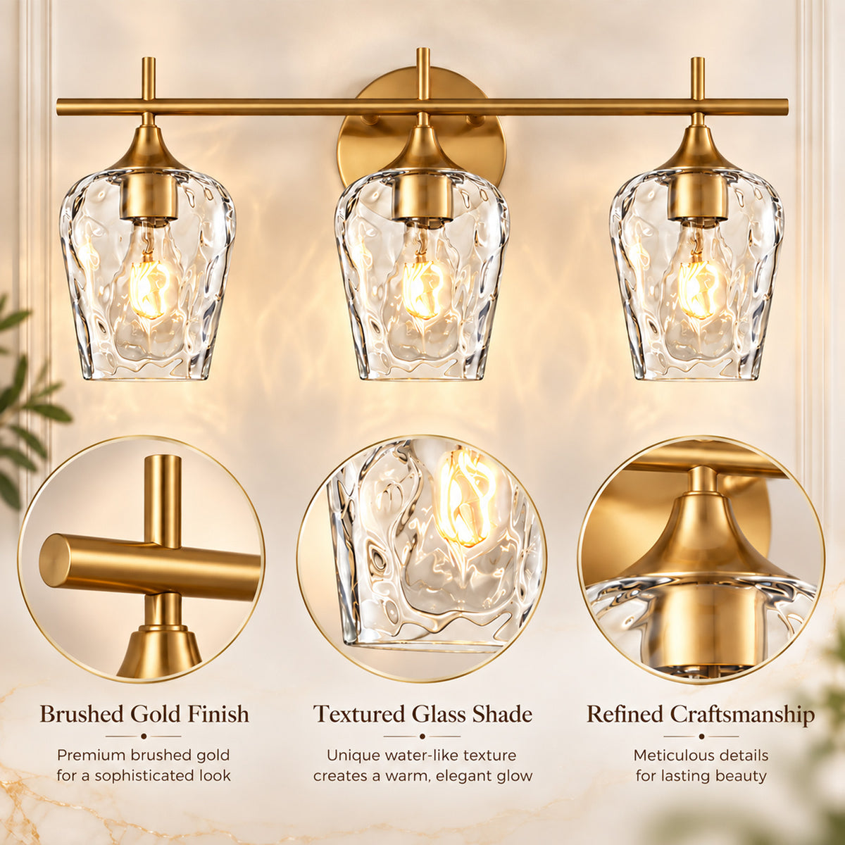 Aurelia 3-Light Gold Clear Hammered Glass Bathroom Vanity Light