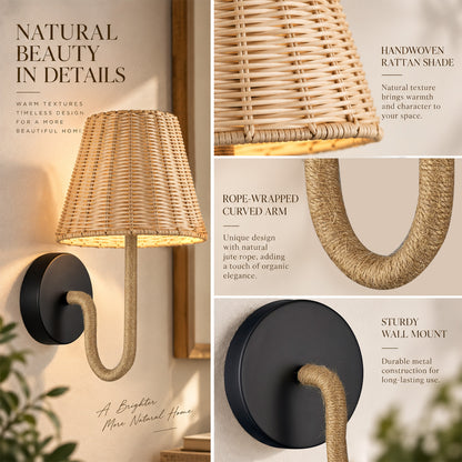 Aurelia Woven Rattan Battery Wall Sconces Set of 2
