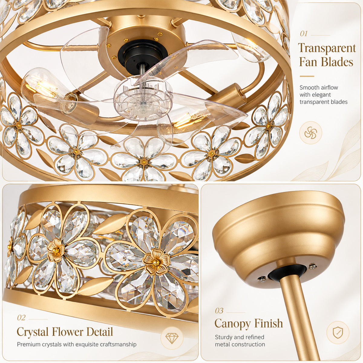 Gildex 20-Inch Gold Crystal Flower Fandelier with Light