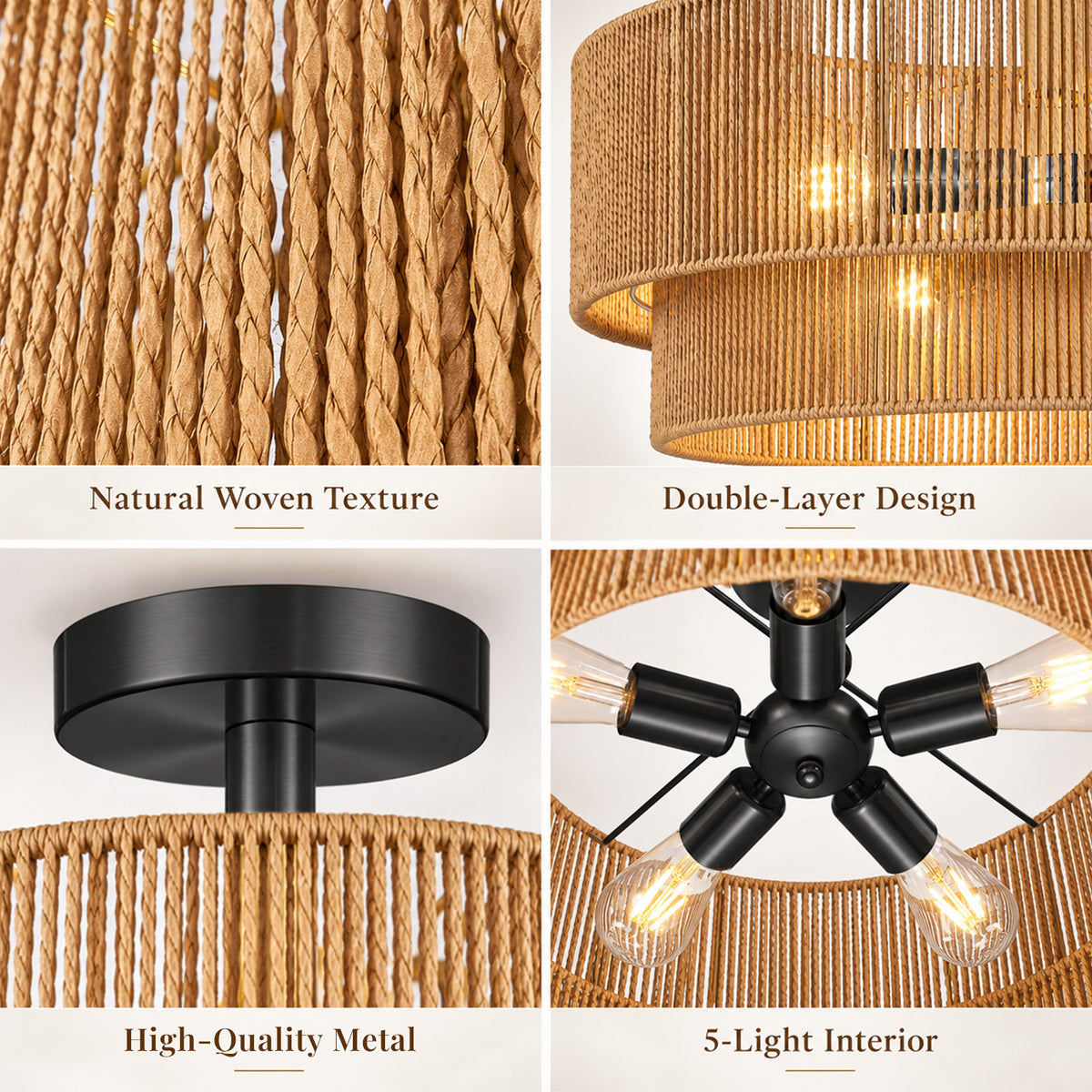 Aeris 24-Inch Black Double-Layer Woven Rope Ceiling Light