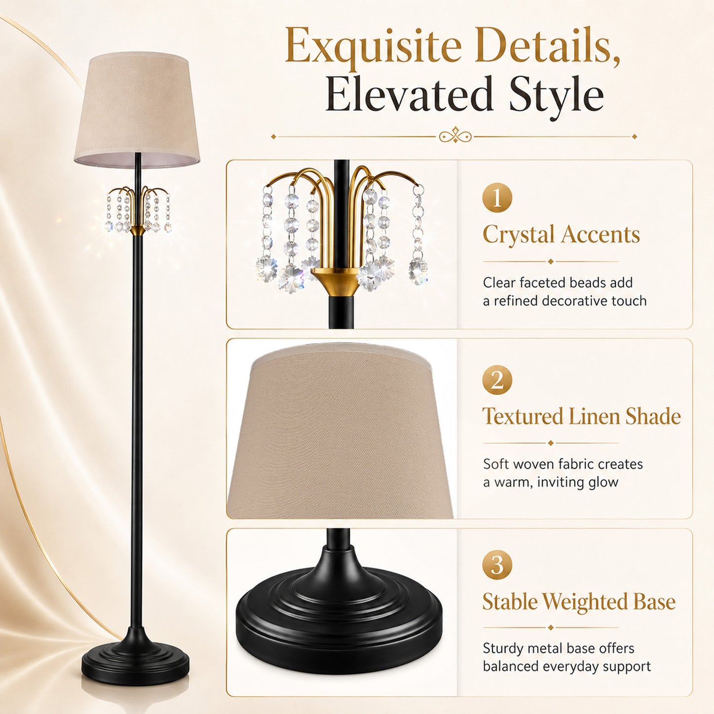 Lumora Crystal Floor Lamp, 64 Inch Black and Gold Standing Lamp with Linen Shade