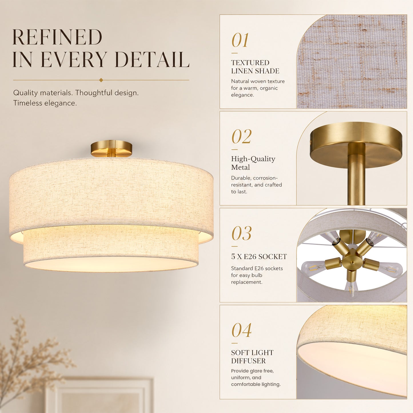 Aeris 24" Semi Flush Mount Ceiling Light, Gold 5-Light Double-Layer Drum Light Fixture with Linen Shade