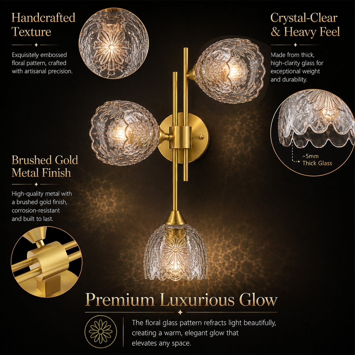 Aurelia 3-Light Gold Wall Sconce with Floral Glass Shades