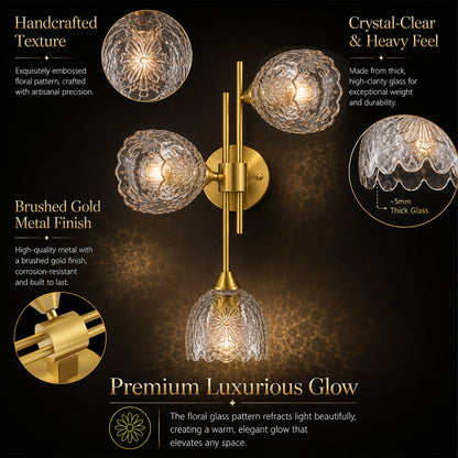 Aurelia 3-Light Gold Wall Sconce with Floral Glass Shades