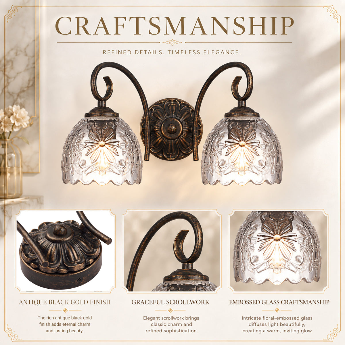 Aurelia 13-Inch Vintage Black 2-Light Bathroom Vanity Light