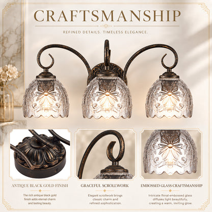 Aurelia 18.3-Inch Vintage Black 3-Light Bathroom Vanity Light