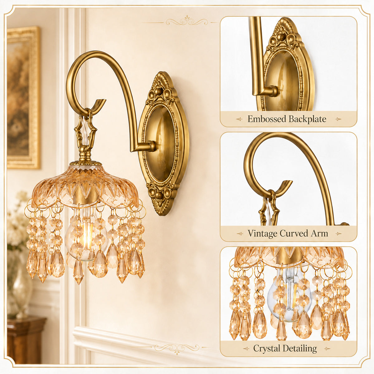Aurelia Amber Crystal Wall Sconces Set of 2, Vintage Gold