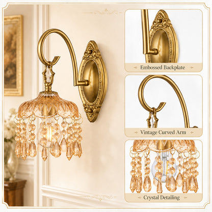 Aurelia Amber Crystal Wall Sconces Set of 2, Vintage Gold