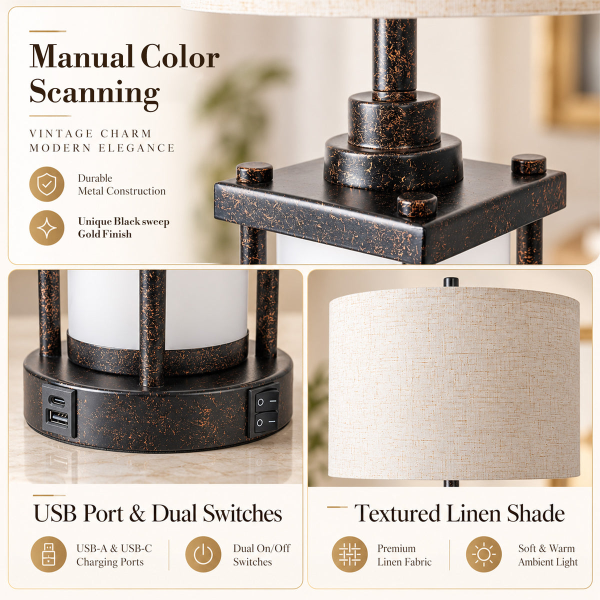 Cozyloom Farmhouse Table Lamps Set of 2 with USB A and USB C