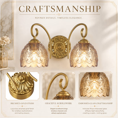 Aurelia Gold Vintage Bathroom Vanity Light, Amber Embossed Glass, 2-Light