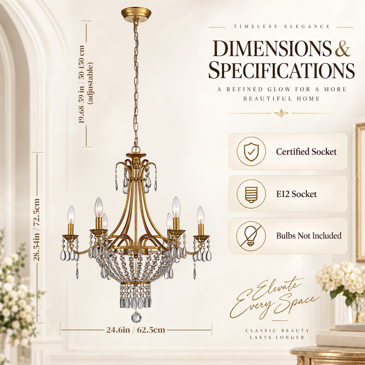 Aetheria 24.6-Inch Gold Crystal 6-Light Chandelier